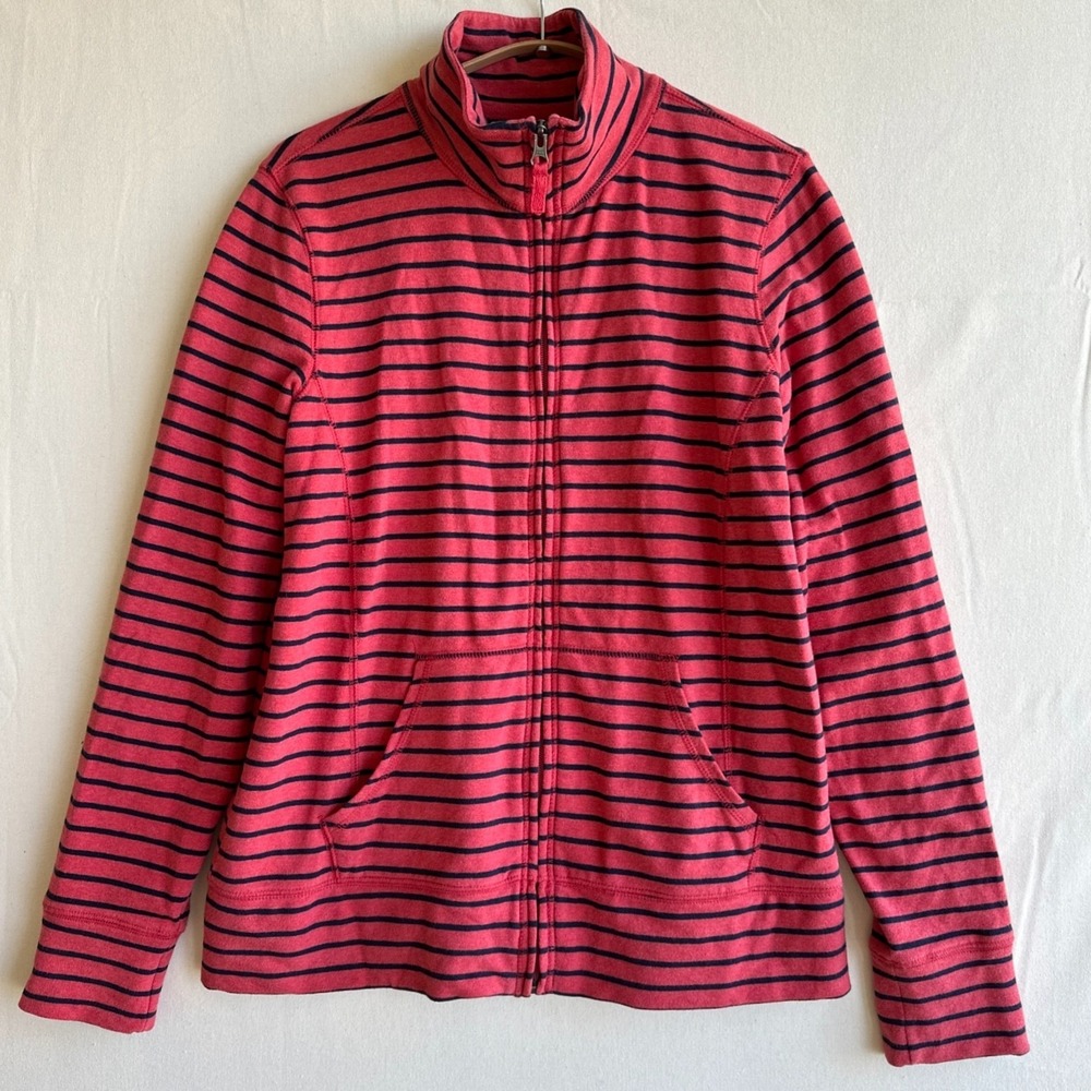 L.L. Bean Women's M Medium Full Zip Jacket Striped Salmon Pink Navy Cotton Soft
